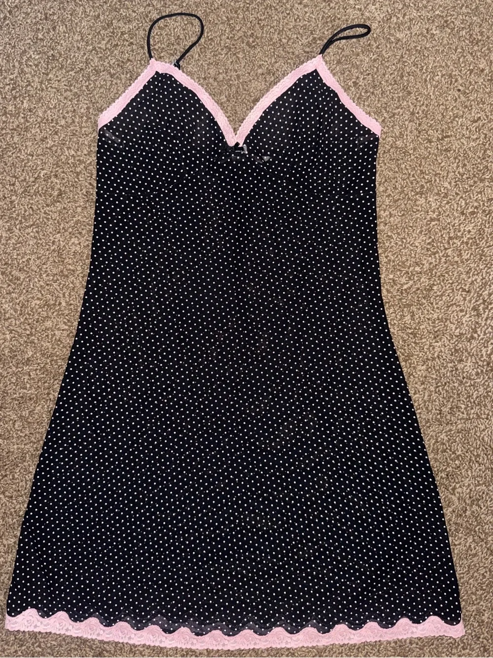 Victoria’s Secret Black Polka Dot Slip Dress with Pink Lace Trim